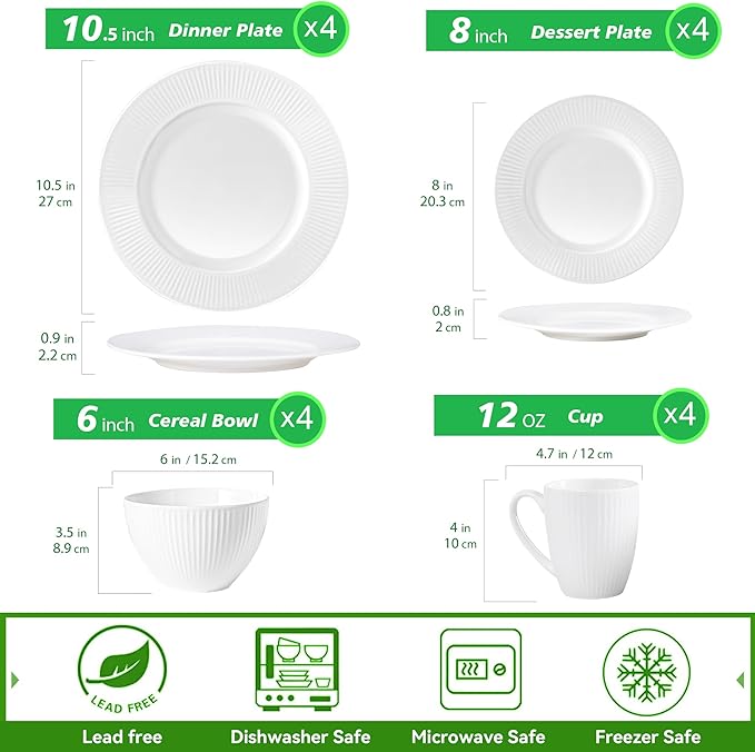 16 Piece Porcelain Dinnerware Sets for 4, White Plates and Bowls Sets with Mugs, Dishwasher and Microwave Safe - Embossed Stripe Decro, Elegant Kitchen Dish Sets, QOMO-1996
