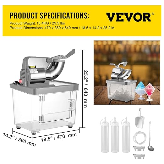 VEVOR 110V Commercial Ice Crusher 661LBS/H, ETL Approved 300W Electric Snow Cone Machine with Dual Blades, Stainless Steel Shaved Ice Machine with Safety On/Off Switch for Family, Restaurants, Bars