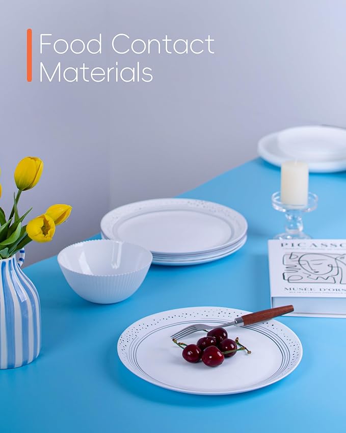 10.5 inch Dinner Plate Set of 6, Lightweight Round Opal Glass Dinnerware Plates, Dishwasher and Microwave Safe, Black Modern Speckled Design