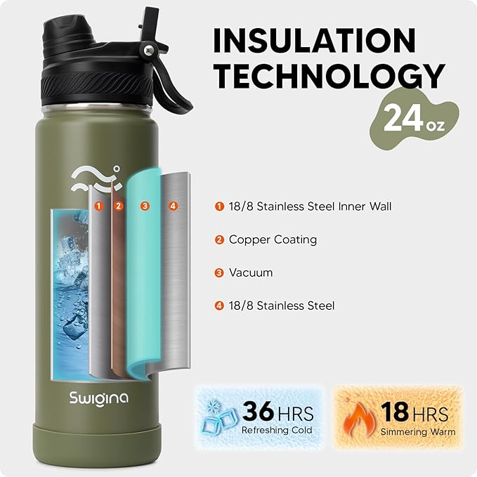 [2-IN-1 LID] Insulated Water Bottle with Silicone Boot (36hrs Cold/18hrs Hot) - DIY Stickers, Leakproof, BPA Free, 24 oz