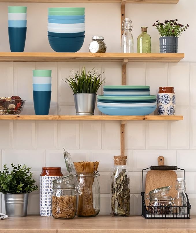 Quatish 32 Piece Plates and Bowls Sets for 8, Unbreakable Dinnerware Sets, Plastic Dish Set for Camping, Dishwasher & Microwave Safe, Outdoor Kitchen and Apartment Dinning RV Essentials, Blue