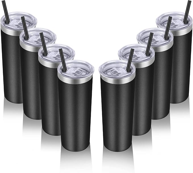VEGOND Stainless Steel Tumblers Bulk 8 Pack, 20 oz Vacuum Insulated Skinny Tumblers with Lid and Straw, Double Wall Coffee Mug, Travel Water Cup, Black