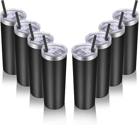 VEGOND Stainless Steel Tumblers Bulk 8 Pack, 20 oz Vacuum Insulated Skinny Tumblers with Lid and Straw, Double Wall Coffee Mug, Travel Water Cup, Black