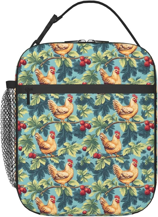 Chicken Lunch Bag, Polyester Tote Bags with Vintage Hen and Berry, Country Cottage Style Insulated Lunchbox, Portable Lunchbag Decor Gifts for Work, Picnic, School, Travel, Beach or Fishing
