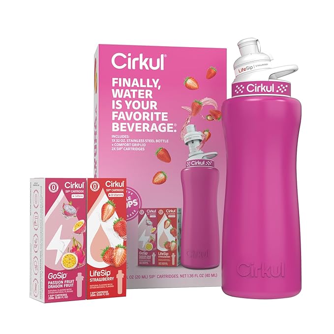 Cirkul 32oz. Hot Pink Stainless Steel Water Bottle Starter Kit with Pink Lid and 2 Flavor Cartridges (1 LifeSip Strawberry, 1 GoSip Passion Fruit Dragon Fruit) No Sugar, Zero Calorie Drink Mix