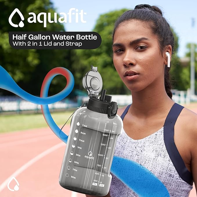 AQUAFIT Half Gallon Water Bottle with Time Marker - Straw & Chug Lid - BPA Free Gym Water Bottle with Straw - Big Gallon Jug (Nebula, 64 oz - 2in1 Lid)