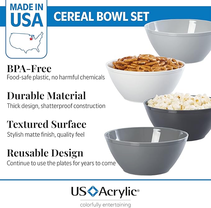 US Acrylic Unbreakable 28 oz. Plastic Stackable Cereal Bowls for Snacks & Ice Cream in Grey Colors (Set of 8) 6-inch Reusable, BPA-Free, Made in the USA, Dishwasher Safe Dinnerware