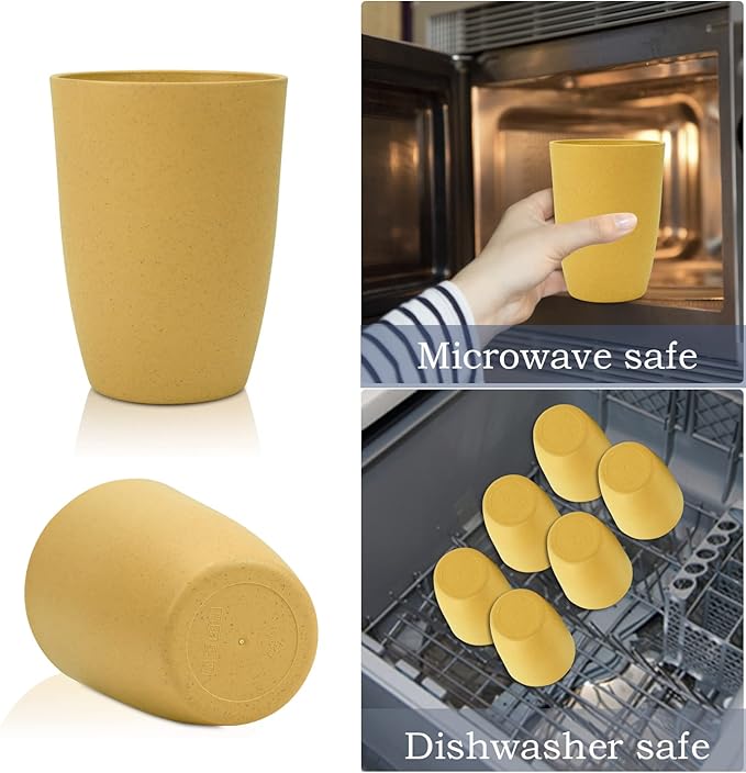Wheat Straw Cups 6 PCS Good Alternative to Plastic Reusable Cups 12 oz Unbreakable Drinking Cup Reusable Dishwasher Safe Water Plastic Glasses Yellow