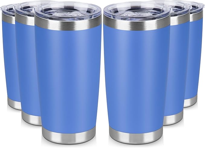 20 oz Tumbler Stainless Steel Tumblers Bulk with Lid Double Wall Insulated Coffee Tumbler Cups for Hot & Cold Drinks Powder Coated Travel Coffee Tumbler Mug Metal (Azure, 6 pack)