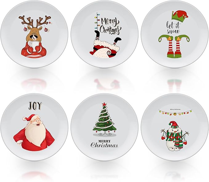6 Pcs Christmas Reusable Melamine Dinner Plates 8 Inch Christmas Theme Round Plates Xmas Dishes Dinnerware Set for Salad Pasta Xmas Birthday Party Supplies Gifts (Classic)