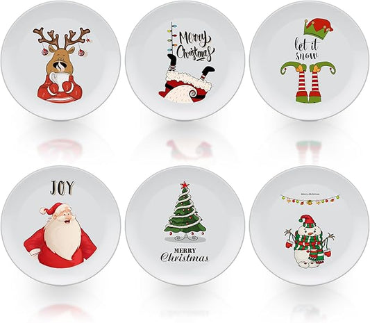 6 Pcs Christmas Reusable Melamine Dinner Plates 8 Inch Christmas Theme Round Plates Xmas Dishes Dinnerware Set for Salad Pasta Xmas Birthday Party Supplies Gifts (Classic)