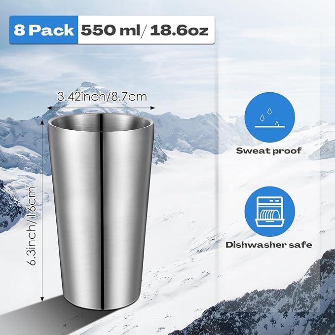 8 Pack Stainless Steel Insulated Cup Metal Tumbler Double Wall Vacuum Water Glasses Camping Reusable Mugs Bbq Home Office Party Coffee (Silver,18.6 oz)
