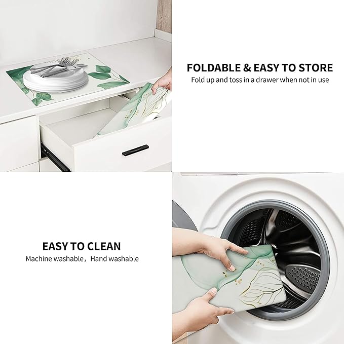 Watercolor Green Palm Leaves Dish Drying Mat 16x18 Inch, Microfiber Absorbent Fast Dry Mat Large Dish Mat Drying Kitchen Mat, Kitchen Drying Pad for Kitchen Counter Coffee Bar Decor Gifts