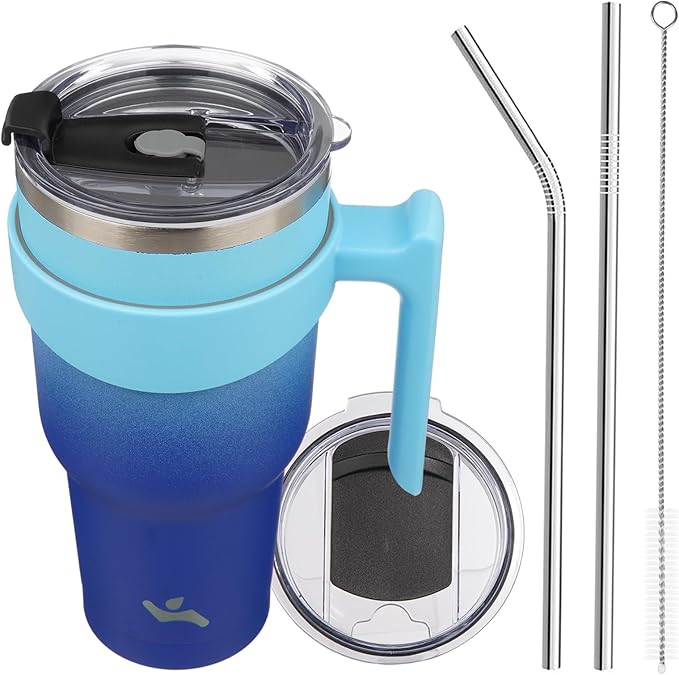 40 oz Tumbler with Handle and 2 Straw 2 Lid, Insulated Water Bottle Stainless Steel Vacuum Cup Reusable Travel Mug,Sky