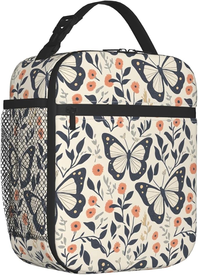 Butterfly Floral Lunch Bag, Polyester Tote Bags with Flower and Leaf, Minimal Vintage Insulated Lunchbox, Portable Lunchbag Decor Gifts for Work, Picnic, School, Travel, Beach or Fishing