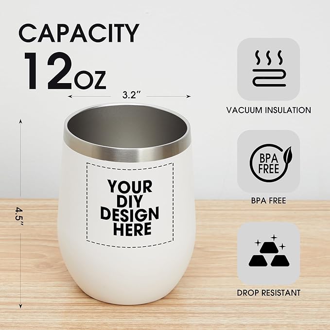 Personalized Custom Wine Tumbler Print in USA 12oz Stainless Steel Travel Coffee Cup with Lid & Straw Double Wall Insulated Mug with Colorful Text Logo Photo