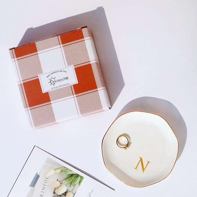 Ceramic Jewelry Tray Initial Ring Dish Personalized N-Monogrammed Engagement Wedding Gifts, for Birthday Mother's Day Christmas for Women, Ceramic White 4.75" (N)