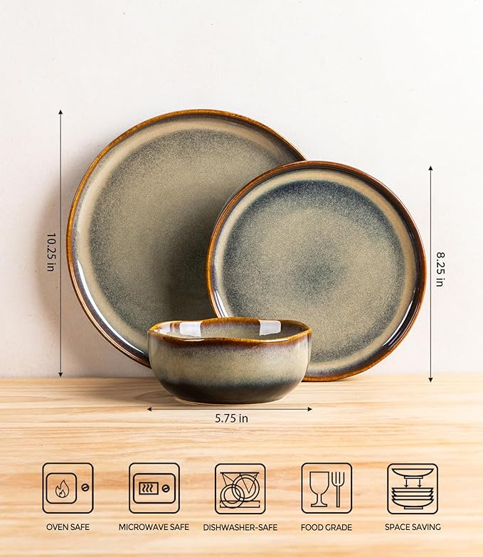 TheTerra Ceramic Dinnerware Sets for 6, 18 Pieces Porcelain Lightweight Plates and Bowls Sets, Scratch Resistant Dish Set, Oven & Microwave & Dishwasher Safe, Coffee Bean