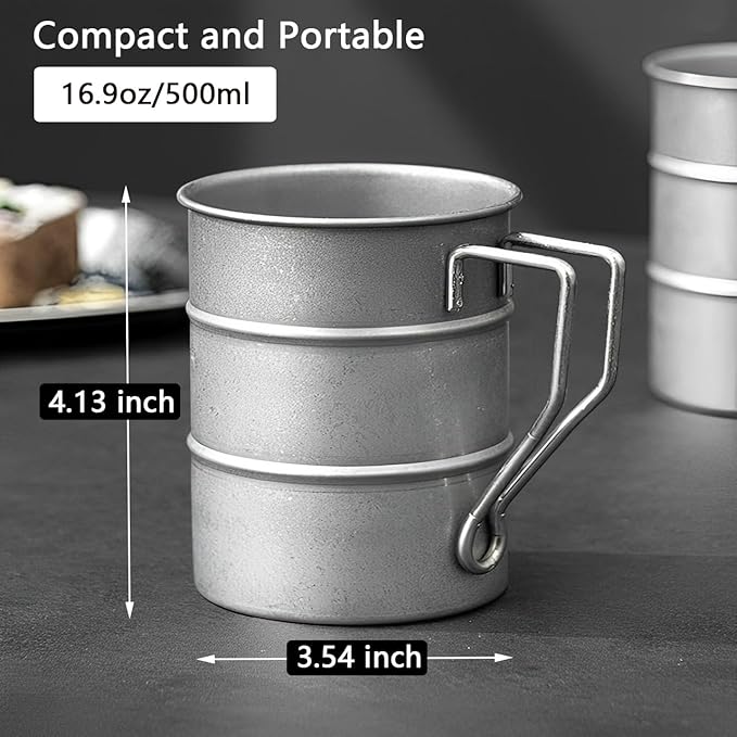 Vintage Coffee Mugs Stainless Steel Mug with Handle Camping Coffee Mugs Outdoor Hiking Cup Lightweight Camping Gear for Men Backpacking Mug, Set of 2-Silver (16.9oz/500ml)