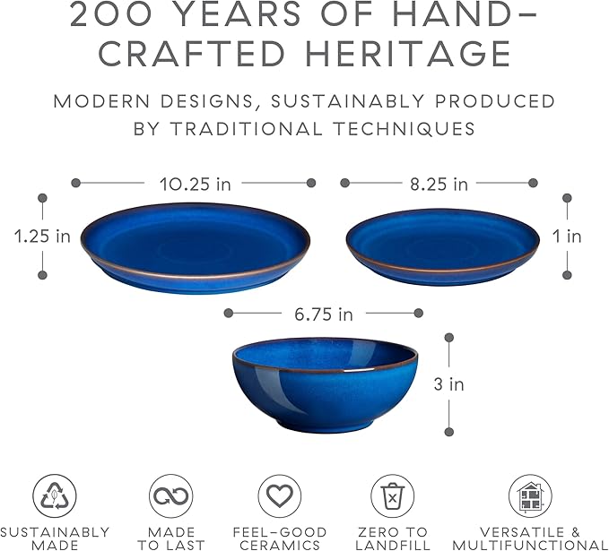 Denby - Imperial Blue 12 Piece Coupe Dinner Set For 4 - Ceramic Tableware Plate & Bowl Set - Dishwasher Microwave Safe Crockery - 4 x Dinner Plates, Small Plates, Cereal Bowls - Chip & Crack Resistant