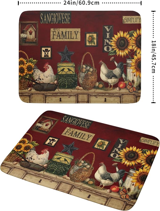 Rooster Dish Drying Mat 18x24 Inch with Hanging Loop,Vintage Country Style Farmhouse Chickens Absorbent Microfiber Non-Slip Counter Rack Sink Drainer Pad for Kitchen Countertop Table Decor