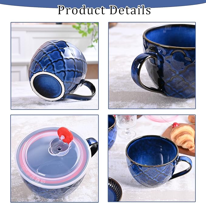 Ceramic Soup Mug, 24oz Soup Bowl with Handle & Lid, Microwave Bowl for Cereal Oatmeal Ramen Instant Noodle Salad (Dark Blue)