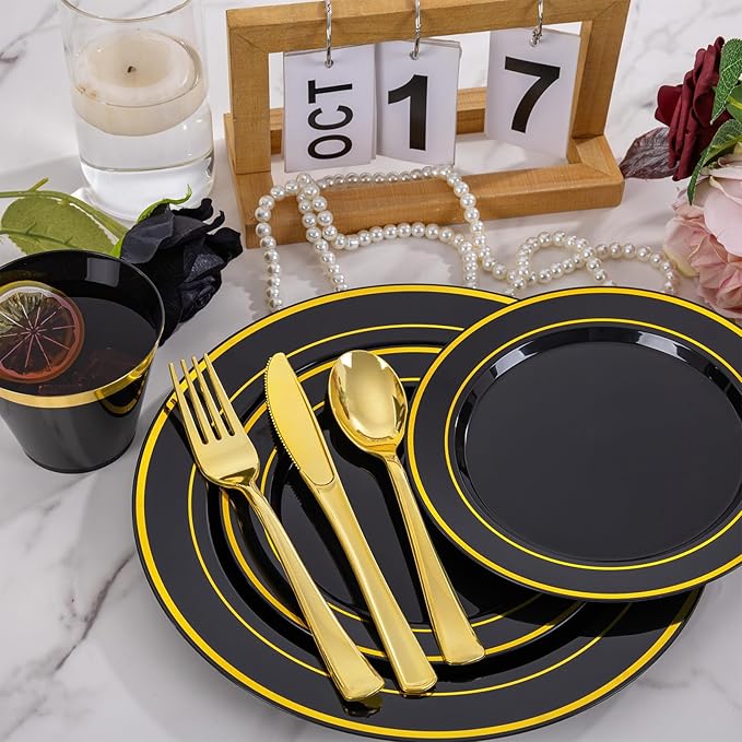 WELLIFE 600 PCS Black and Gold Disposable Dinnerware Set for 100 Guests, Gold rimmed Plastic Dinner Plates,Salad Plates,Cups,Silverware Set for Party Supplies and Halloween Party