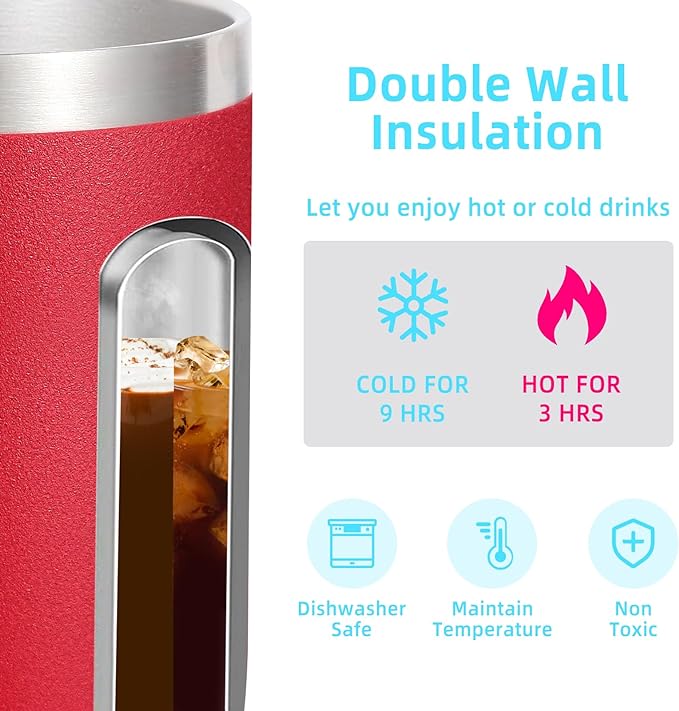 Volhoply 14oz Insulated Stainless Steel Coffee Mug with Lid Bulk 4 Pack,Double Wall Vacuum Travel Coffee Cup with Handle,Reusable Metal Cups Tumbler Cup,Camping Mugs Keep Hot,Ideal Gifts(Red,4)