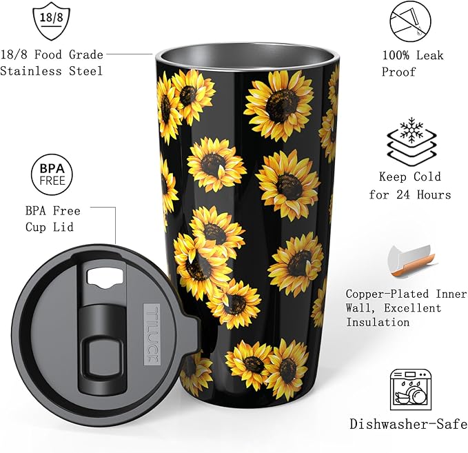 TILUCK 20 oz Tumbler with Leak-Proof Lid, Vacuum Insulated Stainless Steel Coffee Mug, Double-Walled Travel Tumbler for Hot and Cold Drinks(SunFlower, 20oz)