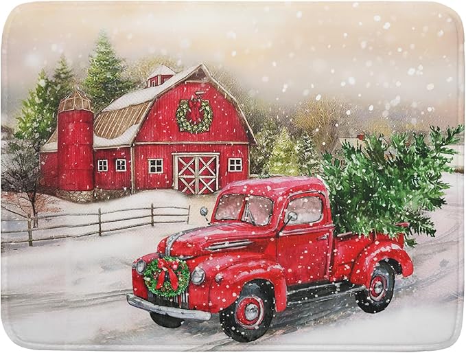 Red Truck Dish Drying Mat Xmas Tree Dish Drainer Rack Mat Winter Microfiber Absorbent Drying Pad for Home Kitchen Counter Decor 18x24 Inch