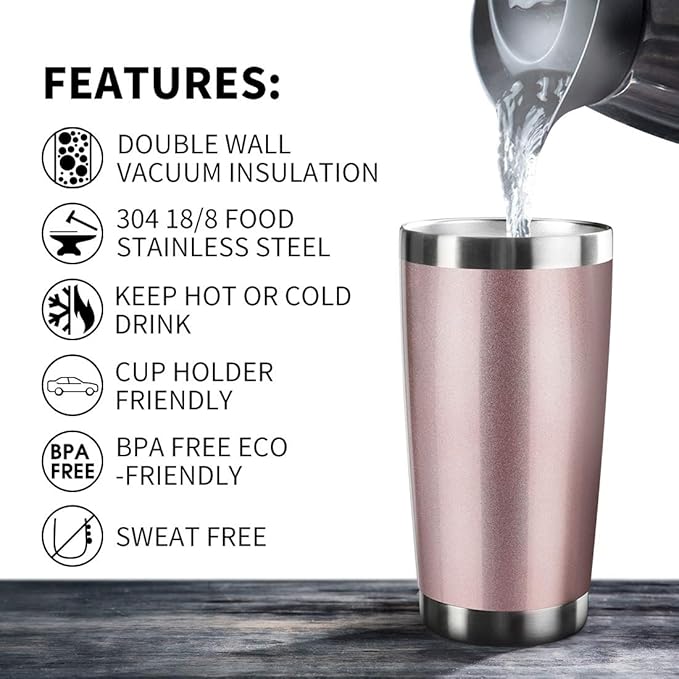 20oz Tumbler Bulk Stainless Steel Vacuum Insulated Tumblers with Lid Double Wall Travel Mug Durable Powder Coated Coffee Cup, Suitable for Ice Drinks and Hot Beverage (Rose gold 1pack)
