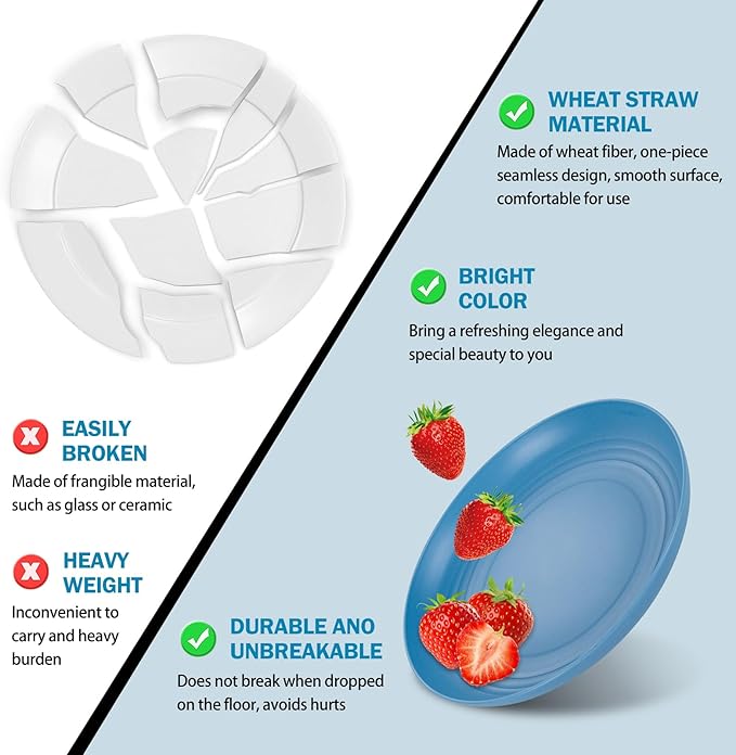 Rubtlamp 16pcs Wheat Straw Dinnerware Set, Unbreakable Plates And Bowls Sets of 4, Plastic Plates Set Reusable (Cold Four Colors) for Camping