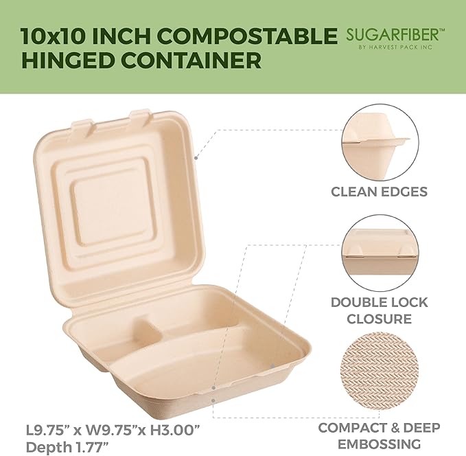 [200 COUNT]Harvest Pack 10 X 10" Compostable Clamshell Take Out Food Containers, 3 Compartment Clamshell Heavy-Duty Hinged Container, Disposable Divided Bagasse Eco-Friendly Natural to go Box