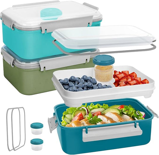 3 Pack Salad Lunch Box Food Storage Containers, 47oz Bento Box To Go Container with Lids, Meal Prep Containers with Removable Tray & Dressing Pots for Kids and Adults, Reusable and Microwave Safe