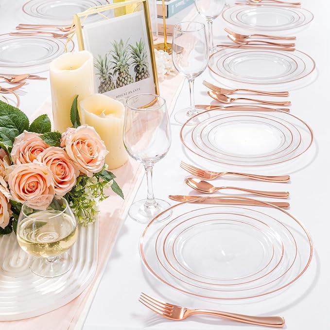 bUCLA 150PCS Clear Rose Gold Disposable Dinnerware set - Rose Gold Plastic Plates Include 25 Dinner / 25 Dessert Plates, 25 Knives, 25 Forks, 25 Spoons, 25 Cups for Party, Wedding & Mother's Day