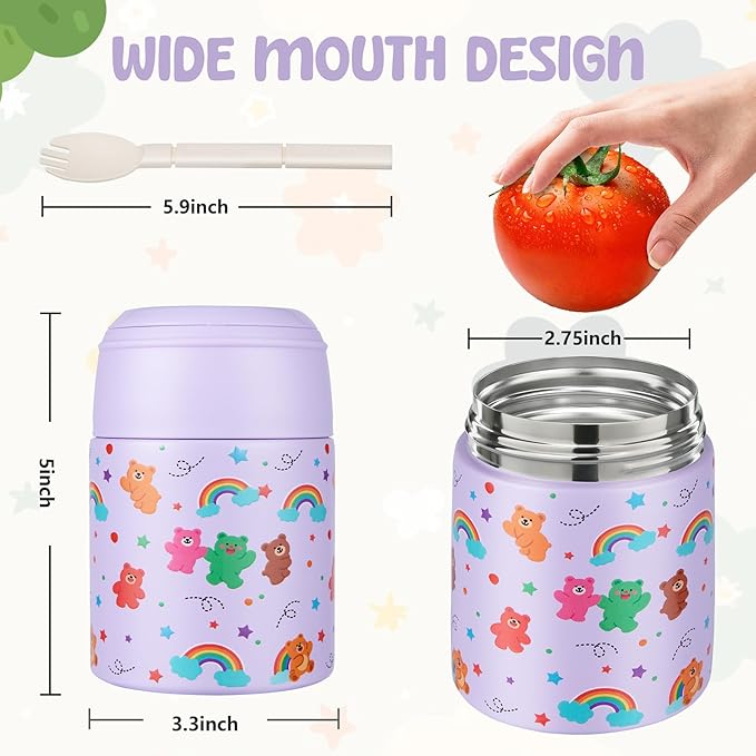 10oz Soup Thermo for Hot Food Kids Insulated Food Jar with Spoon Wide Mouth Stainless Steel Lunch Container Leak Proof Vacuum Food Box for School Travel Picnic Purple Bear