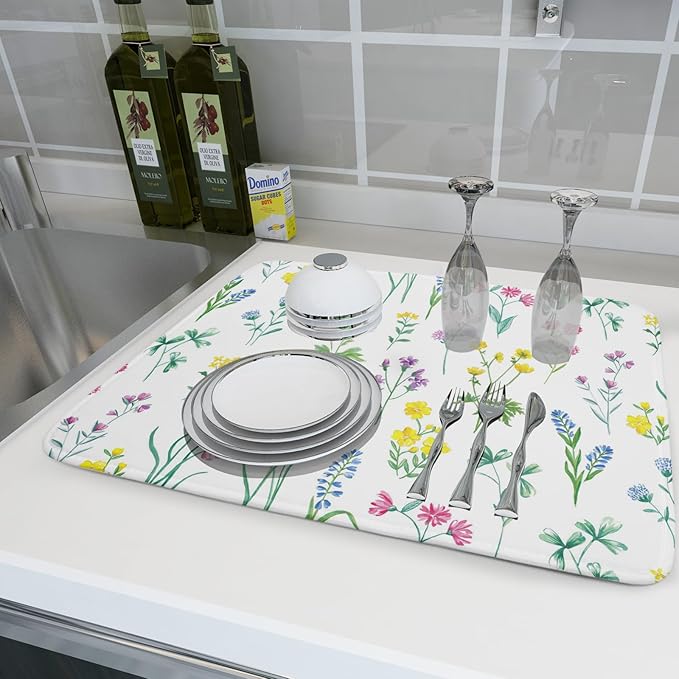 Spring Drying Mats for Kitchen Counter 18×24 Inch Watercolor Flower Large Microfiber Drying Mat Kitchen Accessories Dish Rack Mat Drainer Pad Washable Absorbent