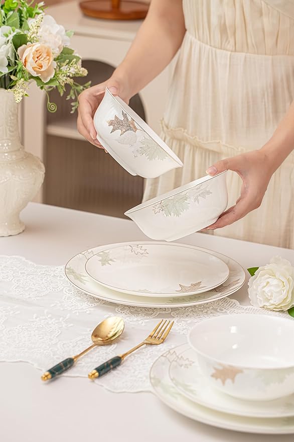Artistic Bone China Dinnerware Set with Gold Trim, Handcrafted Jingdezhen Design, Glazed Inner Patterns, Service for 4 – Maple Leaf Collection