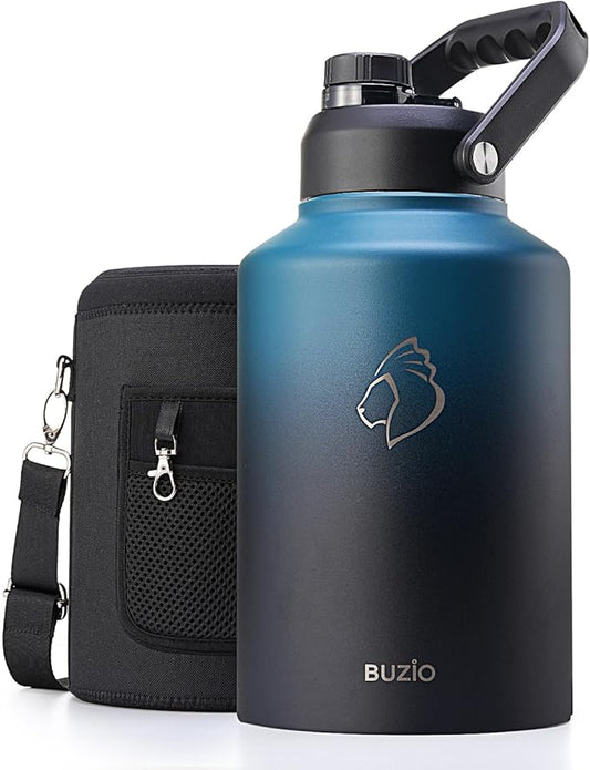 BUZIO 1 Gallon Water Bottle Insulated, (Cold for 48 Hrs) 128oz Large Stainless Steel Water Jug, 3.58in Big Wide Mouth Leak Proof Metal Flask with Carrying Sleeve for Camping,Gym, Hiking, Indigo Crush