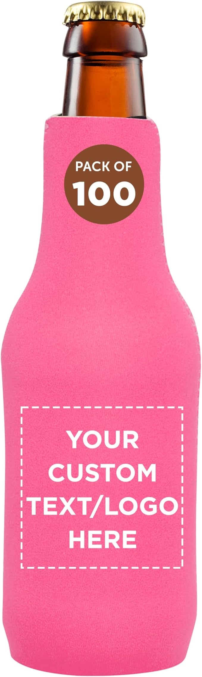 100 Neoprene Zippered Beer Bottle Coolies Pack - Customizable Text, Logo - Sharkskin Rubber Bottom - Neon Pink