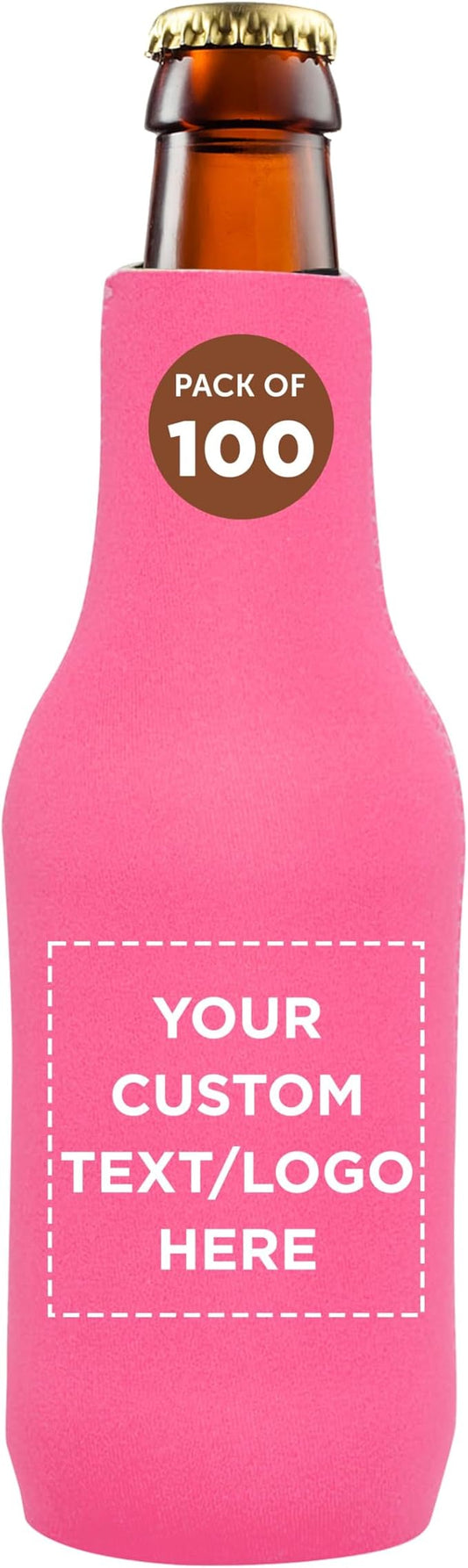 100 Neoprene Zippered Beer Bottle Coolies Pack - Customizable Text, Logo - Sharkskin Rubber Bottom - Neon Pink