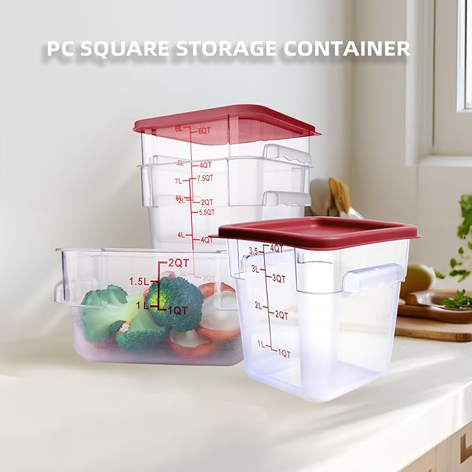 2 Pack RED Square Food Storage Container With Lid,2-12 Quart Commercial Storage Box With Scale & Handle,Cake Making,Dough Marinating Meat,Kitchen Supplies (2 Quart)