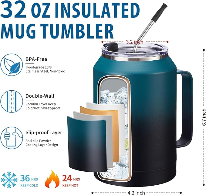 32/50oz Mug Tumbler with Handle and Straw - 32 oz Stainless Steel Wide Mouth Travel Coffee Cups w/ Lid, Reusable Home Office Work Mugs, Double Wall Vacuum Insulated Bottle Keep Cold 36 Hrs Hot 24 Hrs