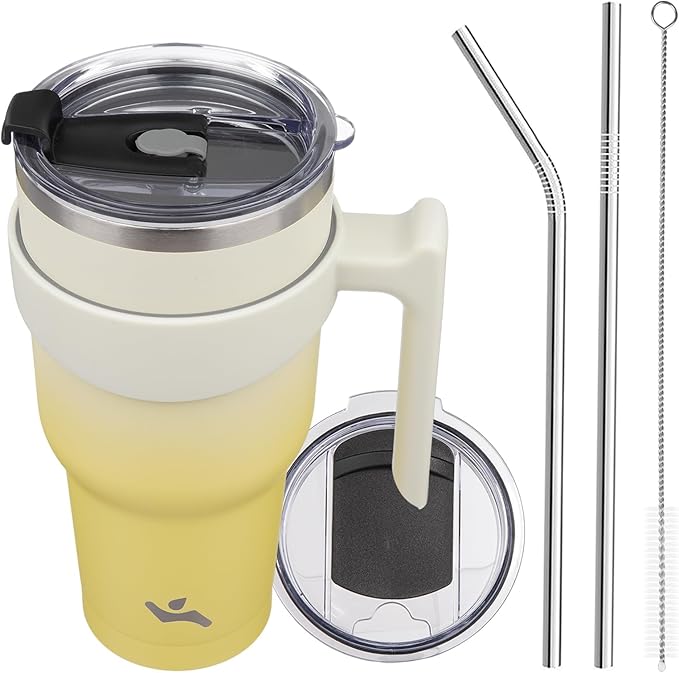 40 oz Tumbler with Handle and 2 Straw 2 Lid, Insulated Water Bottle Stainless Steel Vacuum Cup Reusable Travel Mug,Lemon