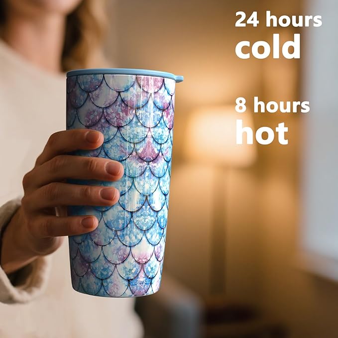 TILUCK 20 oz Tumbler with Leak-Proof Lid, Vacuum Insulated Stainless Steel Coffee Mug, Double-Walled Travel Tumbler for Hot and Cold Drinks(FishScales, 20oz)