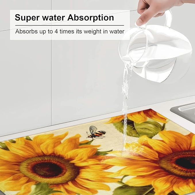 Sunflower Large Dish Drying Mats For Kitchen Counter Microfiber Kitchen Drying Mat XL Draining Pad Absorbent Quick Drying Dish Mat 18x24 Inch