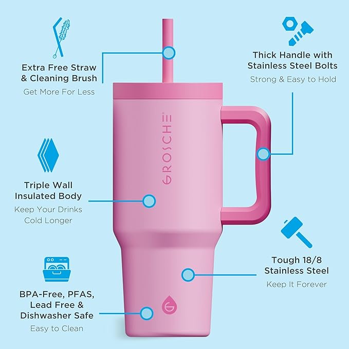 GROSCHE ASPEN 32 oz Tumbler with Handle and Straw. Extreme Insulation, Classy Design, Built to Last Insulated Stainless Steel Tumbler with Handle, Lid and Straw - Hot Pink