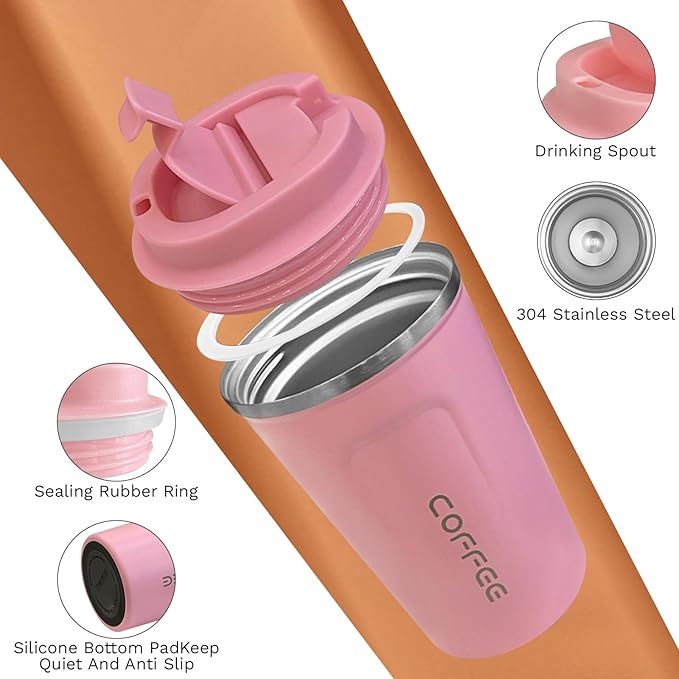 Travel coffee mugs leak-proof, reusable coffee cups with lids, stainless steel vacuum thermos coffee tumblers,thermal insulation cups for men and women hot & cold drinks(2nd-Pink, 12OZ)