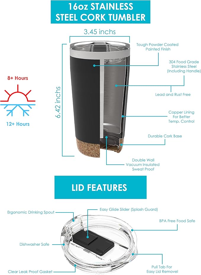 COOL GEAR American Designed, Stainless Steel, Dishwasher Safe, Copper Lined BPA Free Lid Tumbler, 2 Pack - 16 oz - Chrome