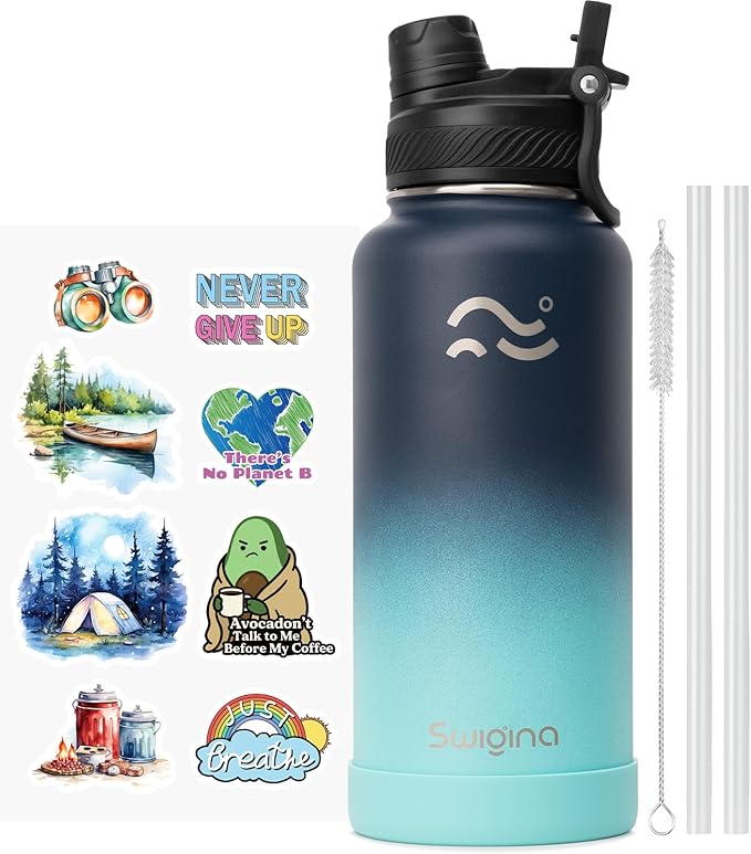 [2-IN-1 LID] Insulated Water Bottle with Silicone Boot (36hrs Cold/18hrs Hot) - DIY Stickers, Leakproof, BPA Free, 32 oz